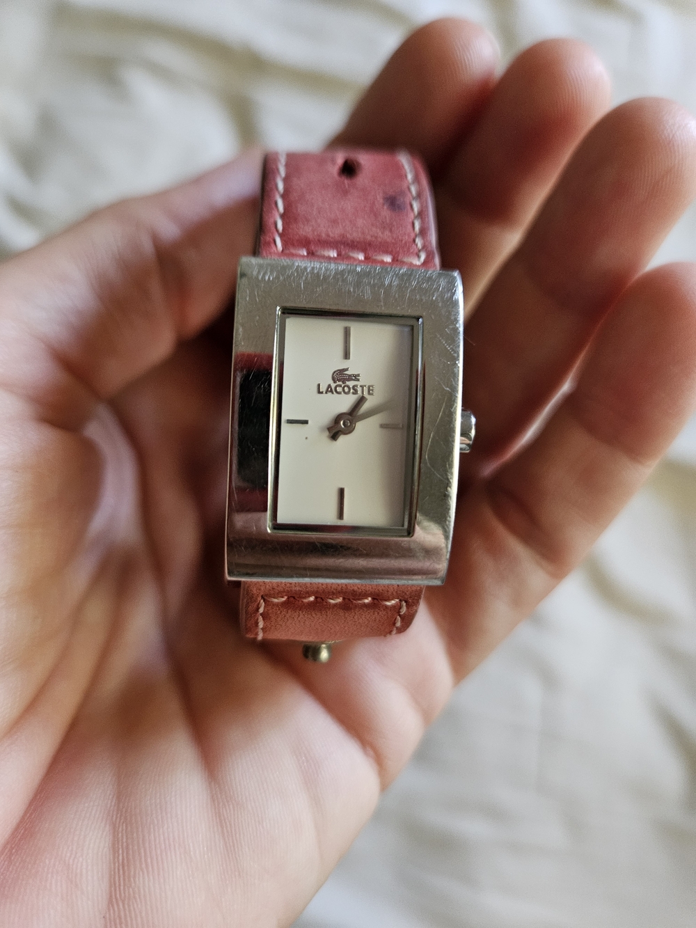 Lacoste 6200L Women’s Rectangle Silver Case Watch with Pink Leather Strap